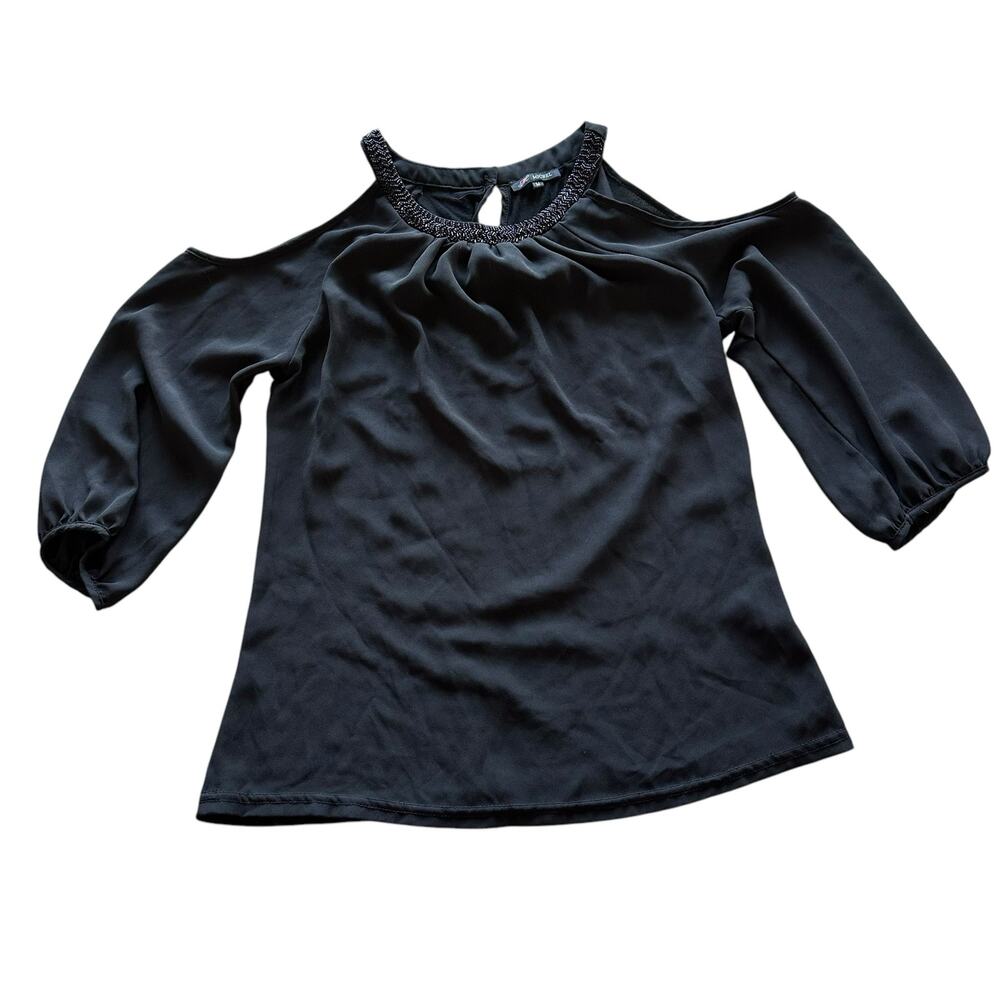 Womens Shirt Size Medium Black Sexy Cold Shoulder Beaded Neck Business Casual